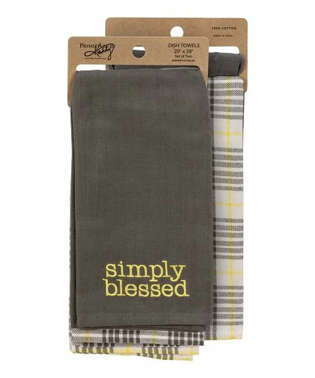 Primitives by Kathy | Dark Gray & Yellow Plaid 'Simply Blessed' Tea Towel - Set of Two