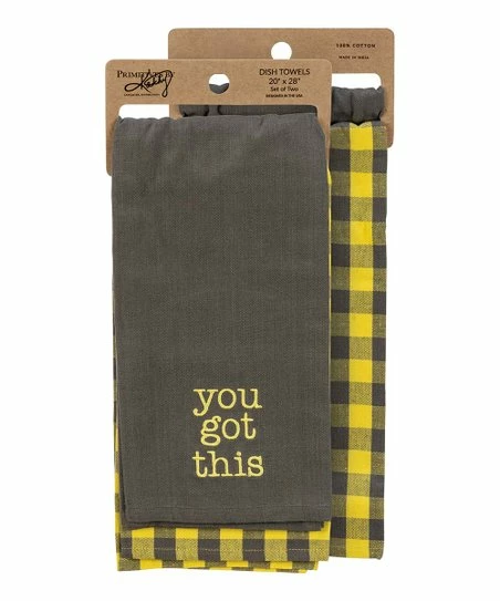 Primitives by Kathy | Dark Gray & Yellow Gingham 'You Got This' Tea Towel - Set of Two