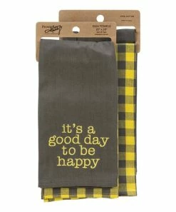 Primitives by Kathy | Dark Gray & Yellow Gingham 'Good Day' Tea Towel - Set of Two