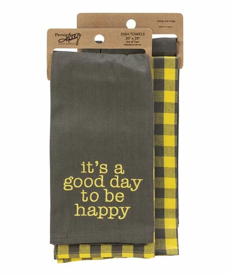 Primitives by Kathy | Dark Gray & Yellow Gingham 'Good Day' Tea Towel - Set of Two