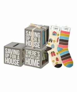 Primitives by Kathy | Gray & Blue 'Saving Up For A Home' Bank & Socks Set - Adult
