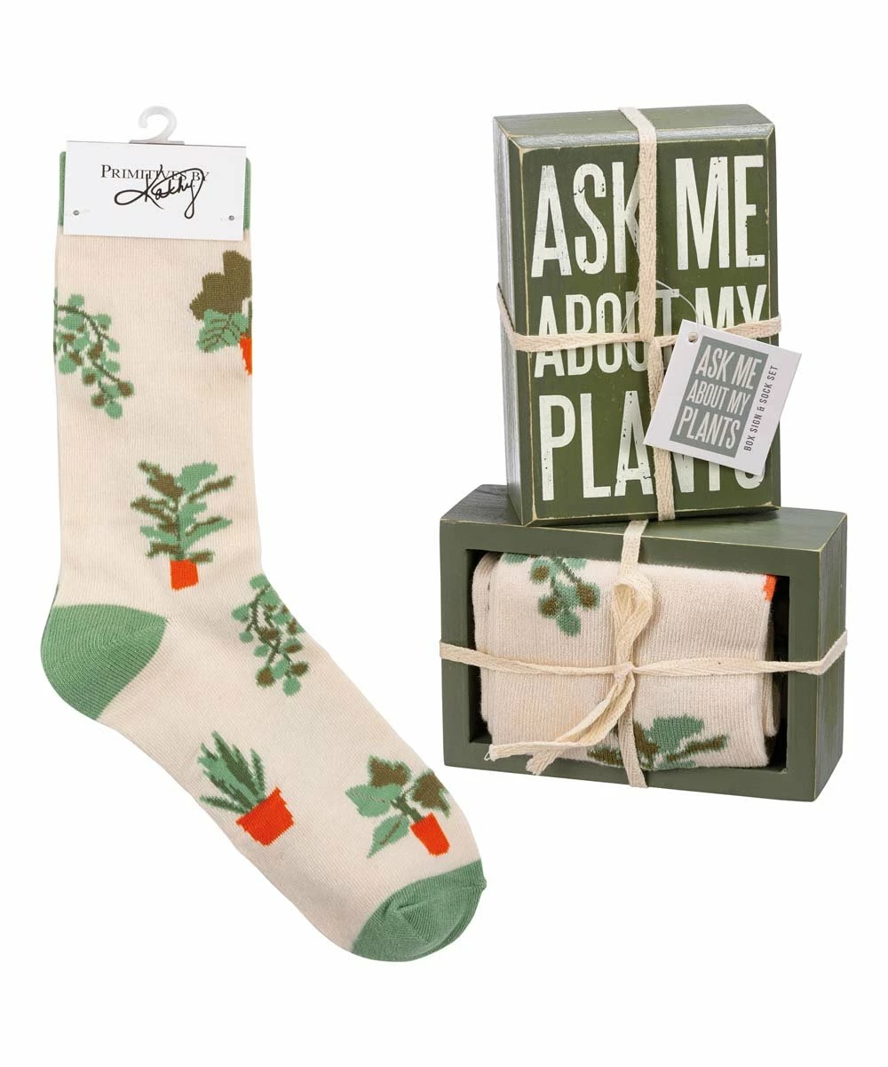 Primitives by Kathy | 'My Plants' Box Sign & Green Plant Socks Set - Adult