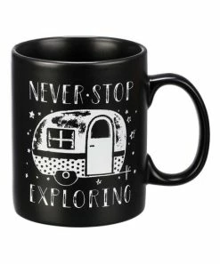 Primitives by Kathy | Black & White 'Never Stop Exploring' Camper Stoneware Mug