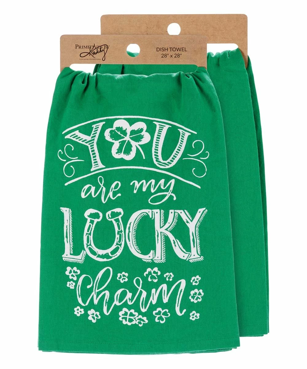 Primitives by Kathy | Green & White 'My Lucky Charm' Clover Tea Towel Set - Image 2