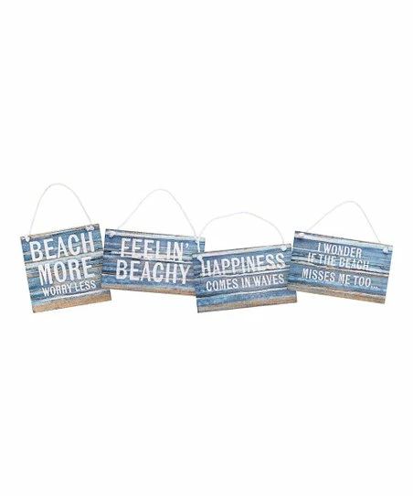 Primitives by Kathy | Blue & White 'Beach More' Box Sign - Set of Four