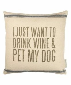 Primitives by Kathy | Cream & Gray Stripe 'Drink Wine & Pet My Dog' Throw Pillow