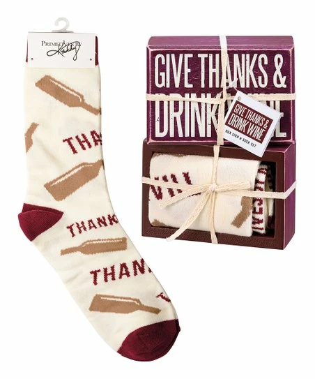 Primitives by Kathy | White 'Thanks' Wine Box Sign & Sock Set - Adult