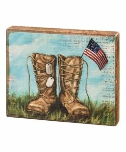 Primitives by Kathy | Blue & Brown Dog-Tag Flag Boots Block Sign