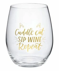 Primitives by Kathy | Clear & Goldtone 'Cuddle Cat Sip Wine' Stemless Wine Glass
