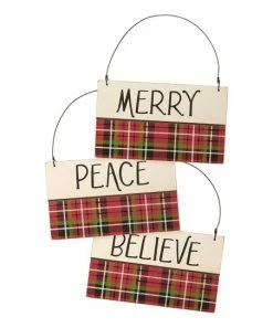 Primitives by Kathy | Red & Green Plaid 'Believe' Ornament Set