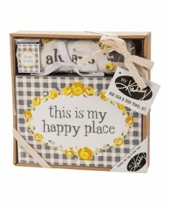 Primitives by Kathy | Gray & White Gingham 'Happy Place' Block Sign & Dish Towel