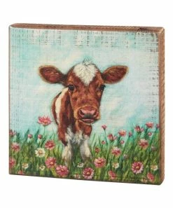 Primitives by Kathy | Light Blue & Brown Calf in Flowers Box Sign