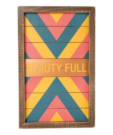Primitives by Kathy | Yellow & Coral 'Beauty Full' Chevron Inset Slat Box Sign