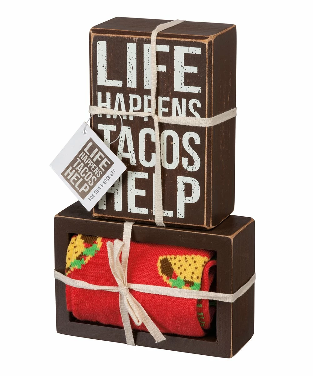 Primitives by Kathy | Brown 'Life Happens' Block Sign & Red Taco Socks - Adult - Image 2