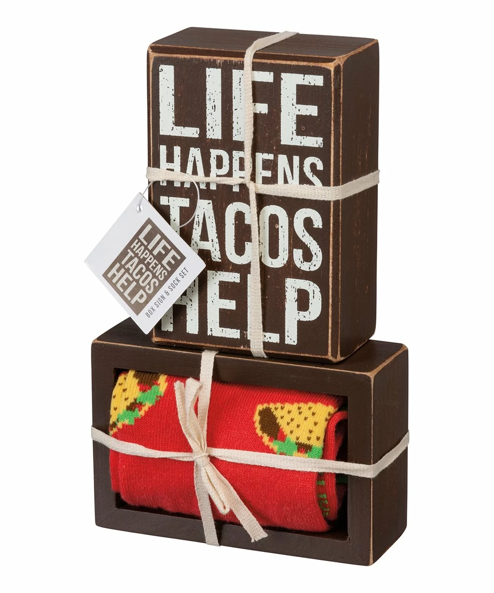 Primitives by Kathy | Brown 'Life Happens' Block Sign & Red Taco Socks - Adult