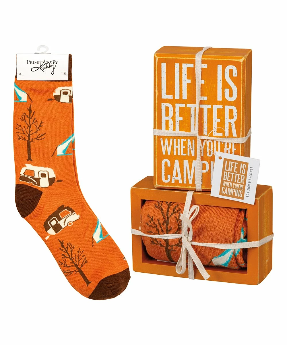 Primitives by Kathy | Orange Camping Block Sign & Socks Set - Adult