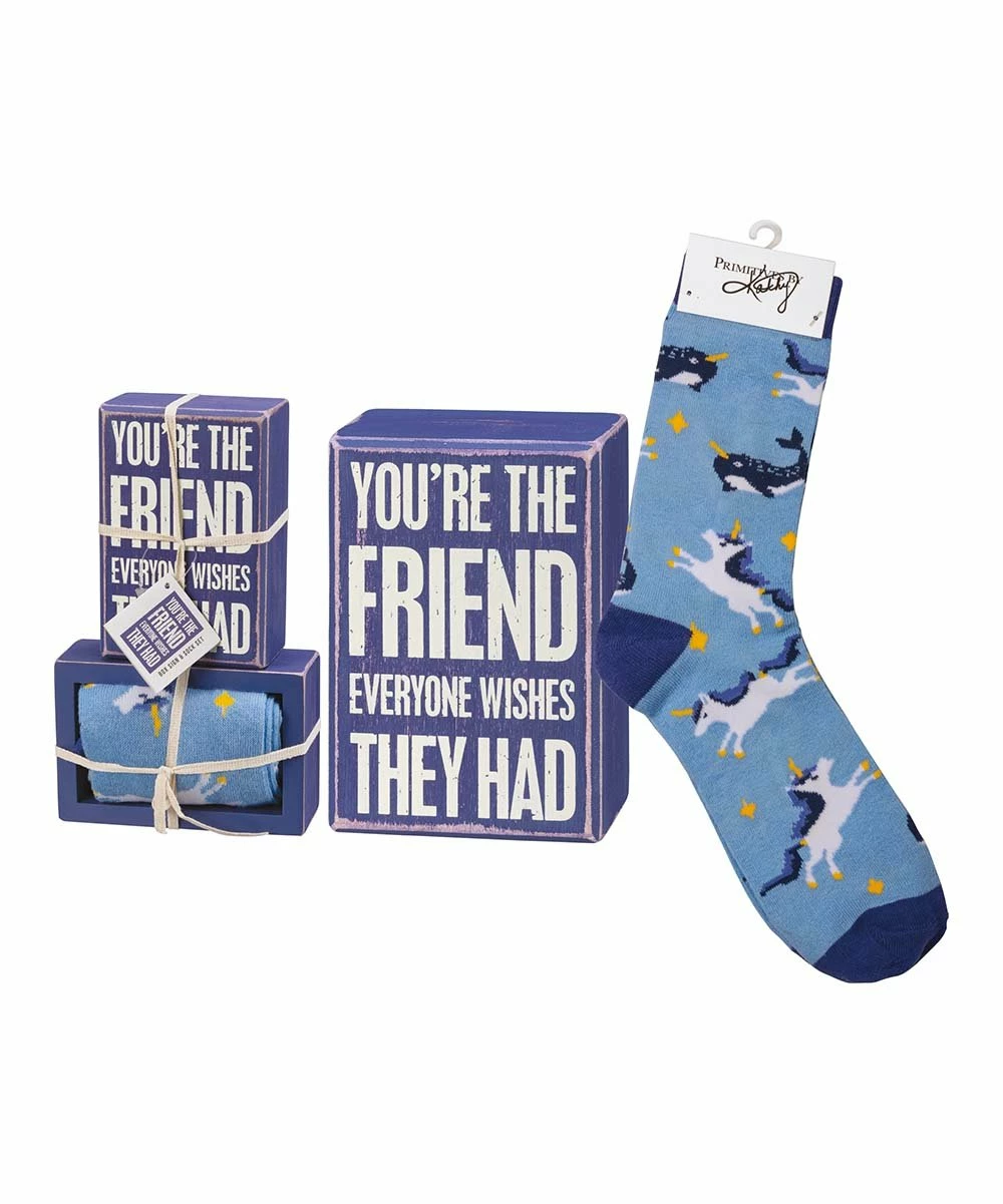 Primitives by Kathy | Purple 'You're the Friend' Box Sign & Blue Unicorn Socks Set - Adult - Image 4