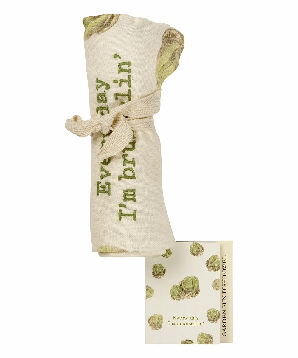 Primitives by Kathy | Green & White 'Every Day I'm Brusselin'' Dish Towel - Image 3