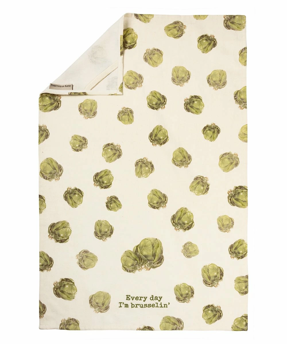 Primitives by Kathy | Green & White 'Every Day I'm Brusselin'' Dish Towel