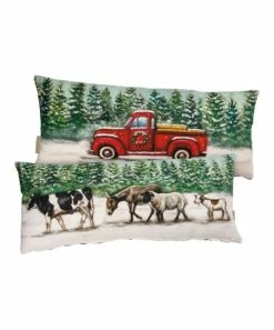 Primitives by Kathy | Green & Red Winter Parade & Truck Throw Pillow