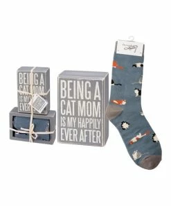 Primitives by Kathy | Gray 'Cat Mom' Box Sign & Blue Crew Socks - Adult
