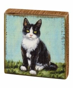 Primitives by Kathy | Brown & Blue Tuxedo Cat Wooden Block Sign