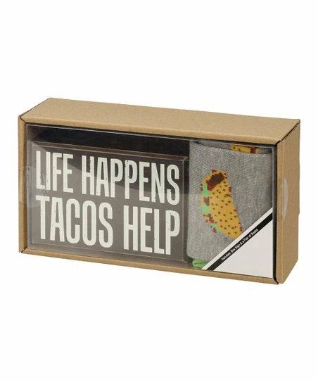 Primitives by Kathy | Gray & Black Taco 'Life Happens Tacos Help' Box Sign & Socks - Adult